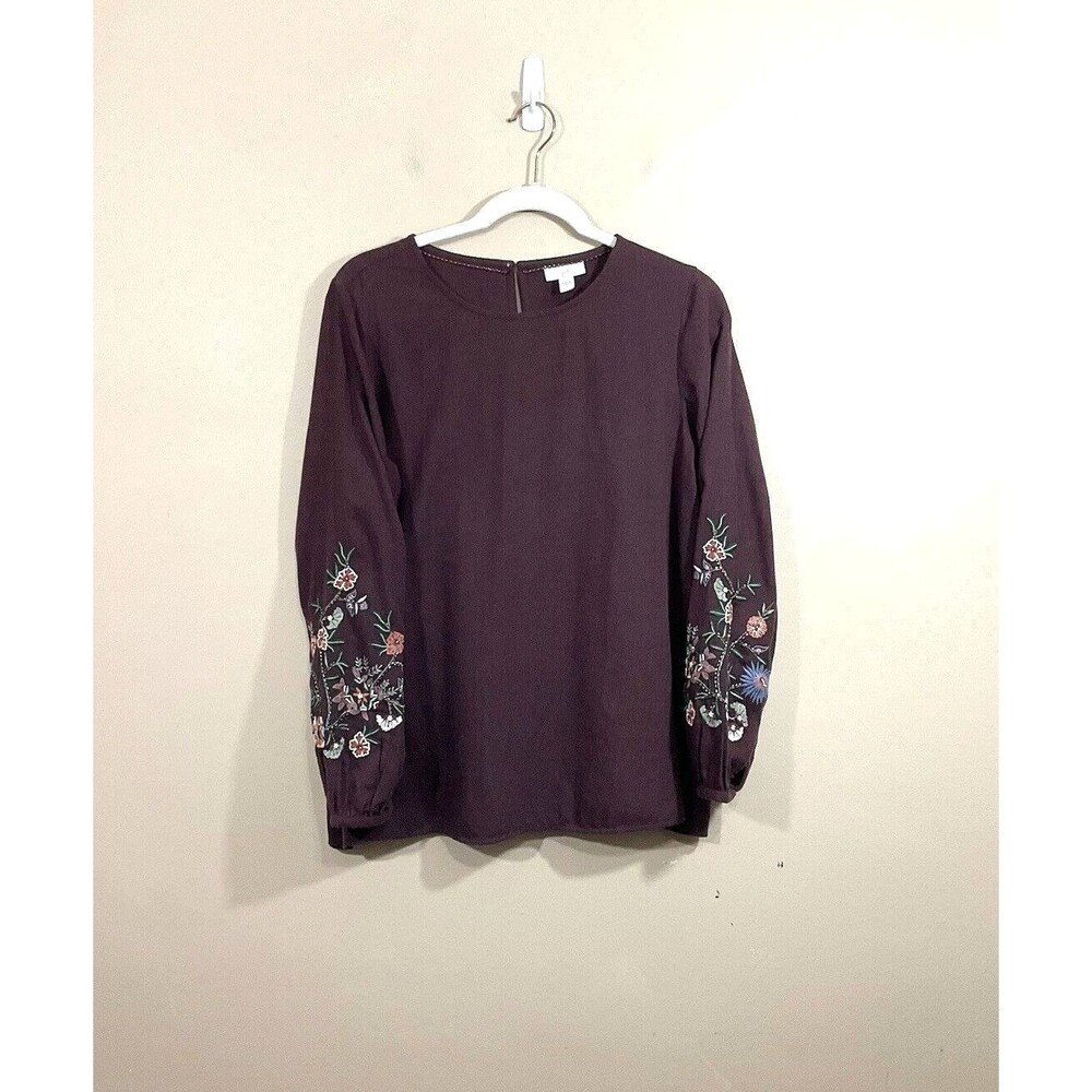 J Jill Womens Beaded Embroidered Floral Shirt S Purple Cottage Boho Hippie Fairy
